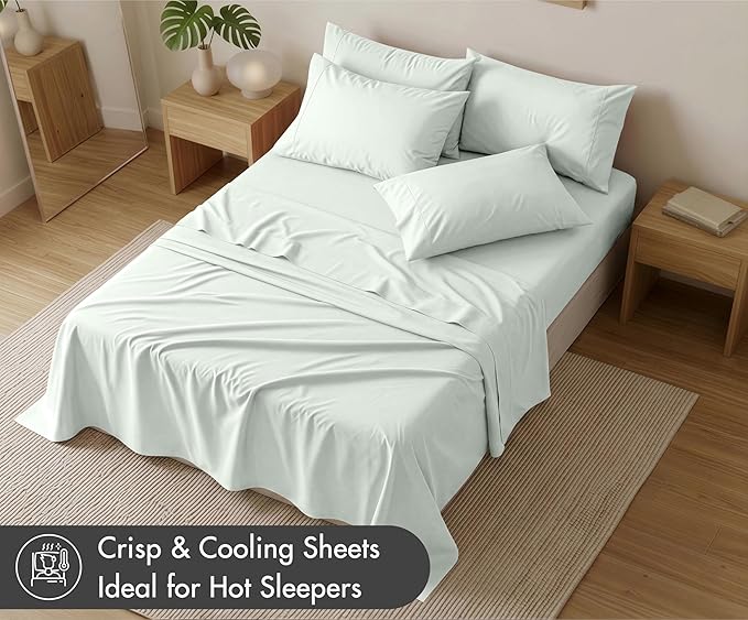 RUVANTI 100% Cotton Percale Sheets Queen Size 6 Piece Set, Cooling Bed Sheets for Hot Sleepers, Deep Pocket 16”, Breathable Lightweight & Durable, Crisp Hotel Style Sheets, Aqua Glass
