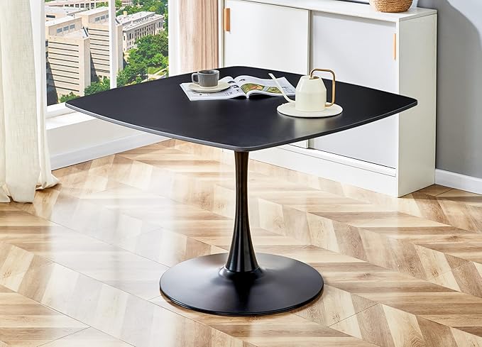 Square Dining Table for 2 4 6, Special Kitchen Table with Tulip Shape & Metal Pedestal Base, Mid Century Modern Bistro Tulip Table for Kitchen, Small Space, Cafe (Black, 41.12 inches)