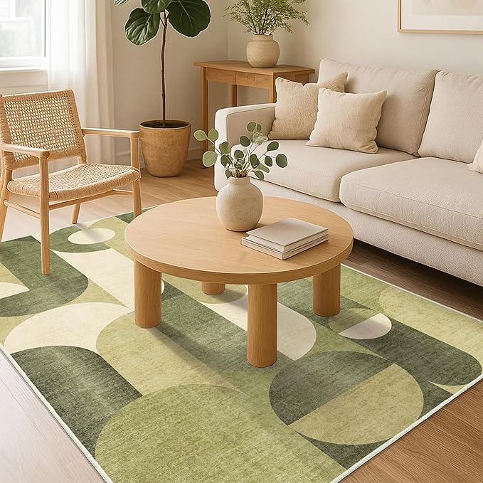 Green Rug 4x6.5 Washable Area Rugs for Bedroom Living Room Kitchen Entryway Bedside,Modern Geometric Non Slip Small Carpet