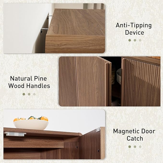 AMERLIFE 63" Fluted Sideboard Buffet Cabinet with Storage, Modern Credenza Console with 4 Doors & Adjustable Shelves, Wood Coffee Bar for Kitchen, Living Room, Hallway, Brown