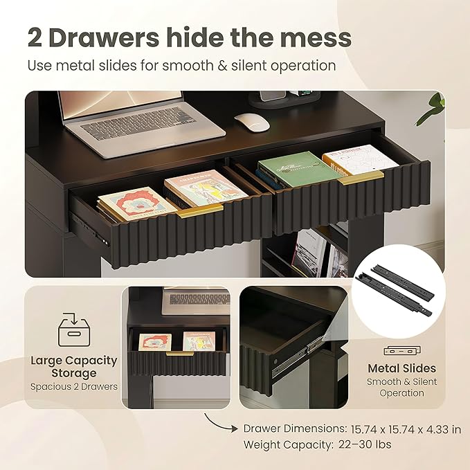 Arched Writing Desk with Hutch, Home Office Desk with 2 Drawers, Secretary Desk with Outlets, 3 Color LED Lights, Open Shelves, Computer Desk for Small Space, Bedroom 35.4" W x 70.8" H (Black)