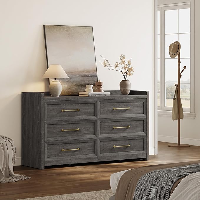 SICOTAS 6 Drawer Dresser for Bedroom-56.4" Extra-Wide Wooden Chest of Drawers with Large Storage, Long Dresser TV Stand with Drawers, Modern Closet Dressers for Nursery Living Room, Dark Grey Oak