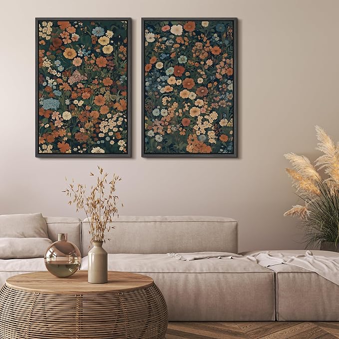 MUDECOR Framed Canvas Print Wall Art Vintage Floral Botanical Colorful Wildflowers Illustrations Modern Art Decorative Bohemian Colorful for Living Room, Bedroom, Office - 24"x36"x2 Black