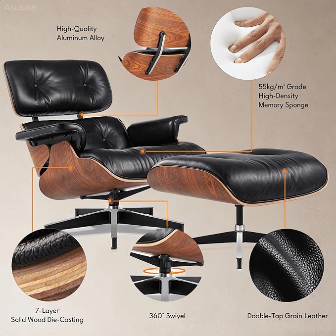 Top Black Grain Leather, Mid Century Chaise Lounge Chair and Ottoman, Leather Accent Chair, Modern Reading Chair, Classic Design, Heavy Duty Base Support for Living Room Lounge Office, Palisander