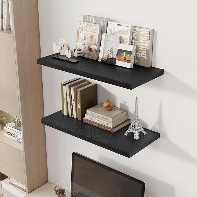 Dreamland 30" Floating Shelves for Wall, 12" Deep Slim Black Floating Shelves, Wall-Mounted Shelves for Bedroom, Living Room, Kitchen, Bathroom - Set of 2
