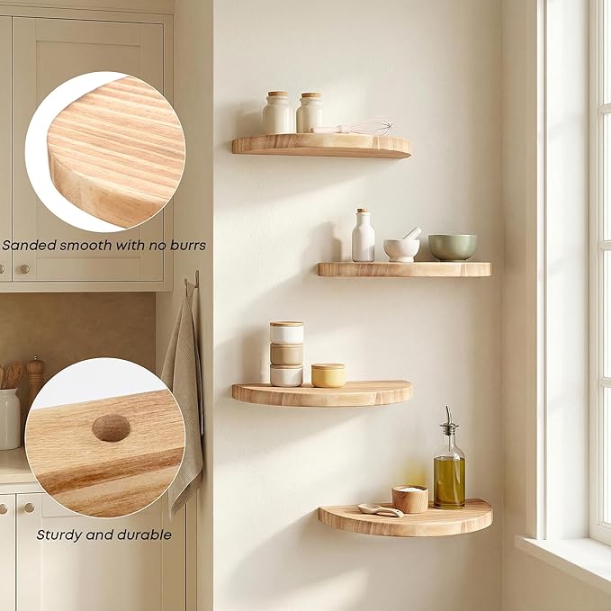 Small Wood Floating Shelves (4-Pack, 8-inch Diameter) - Round Sturdy Invisible Wall Mount Display for Small Plants,Toys,Bathroom,Living Room Storage & Modern Rustic Décor (Carbonized Brown)