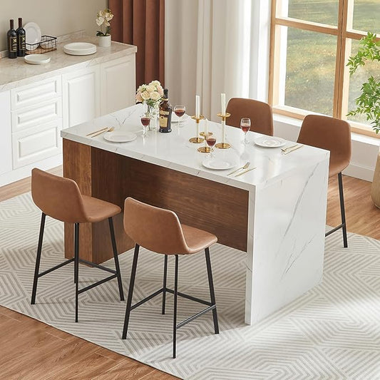 ONBRILL 61"*31" Whole Board of Tabletop Kitchen Island Table with Storage Space, Power Outlet & LED Lights, Modern Imitation Marble Large Counter Height Dining Table for 4 (White)