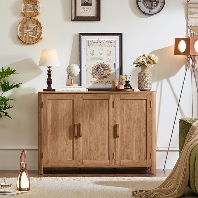 Sideboard Buffet Cabinet with Storage, 46" Arc-Shaped Credenza with 3 Doors & Adjustable Shelves, Mid Century Modern Coffee Bar Cabinet for Kitchen, Living Room, Entryway, Darkwood