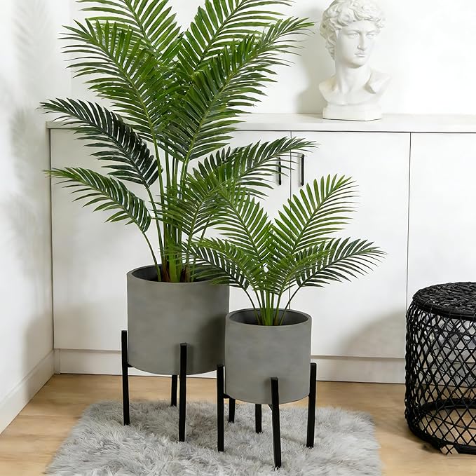 ARNIS Modern Plant Pots, Set of 2 Large Planters with Stand, Decorative Planters, Metal Pots with Drainage Holes for Living Room, Office, Garden or Balcony, 8.25 &10.5 Inch, Grey