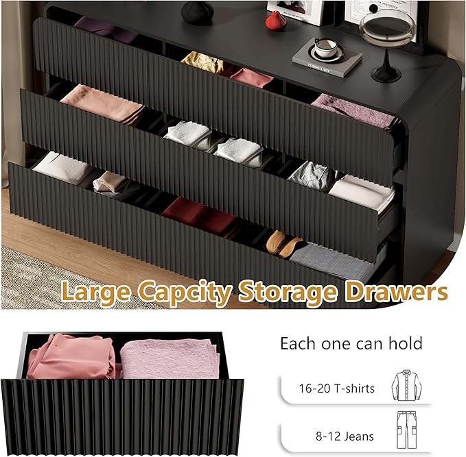 Black Dresser Fluted 9 Drawers Dresser for Bedroom, 59" Wide Wood Chest of Drawers with Hidden Handles & Rounded Corners, Modern TV Stand Storage Cabinet for Living Room, Hallway, Entryway