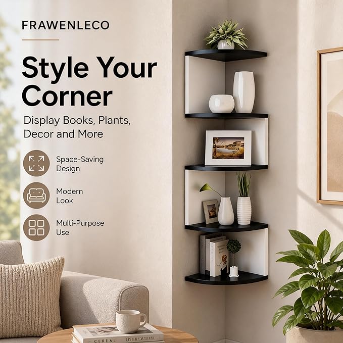 No-Drill Corner Shelf Wall Mount, 5-Tier Floating Corner Bookshelf with Hooks, Space-Saving Zigzag Plant Shelf for Bedroom, Living Room, Bathroom, Home Office(Black & White)