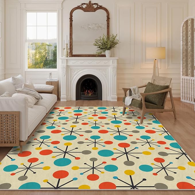 Retro Area Rug for Living Room Bedroom Dining Room 5x7, Mid Century Modern Atomic Living Room Rug Non-Slip, Yellow Floor Rug Carpet Machine Washable