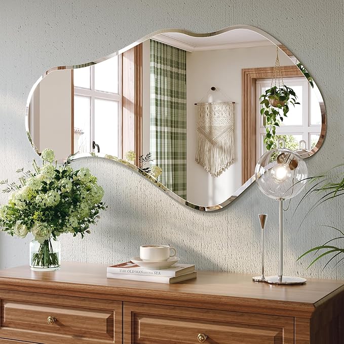 Irregular Wall Mirror, 26”x46” Asymmetrical Wall Mirror, Frameless Asymmetrical Mirrors for Bathroom Entry Way Bedroom Living Room
