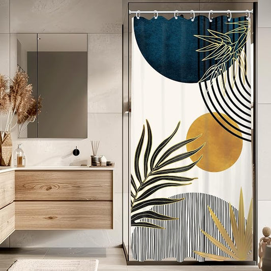 KOMLLEX RV Stall Small Mid Century Blue Boho Shower Curtain 36Wx72L Inches Abstract Modern Blue Shower Curtains for Bathroom Plant Minimalist Arch Sun Fabric Liner Waterproof Polyester 7 Pack Hooks