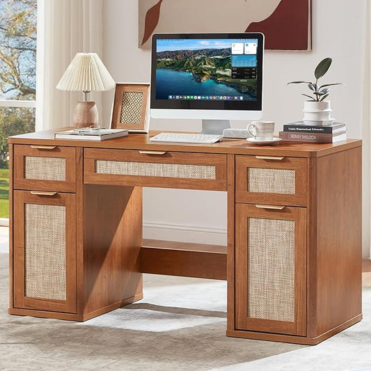LEYAOYAO 56'' Rattan Farmhouse Executive Desk with Drawers, Wood Home Office Desk with File Cabinet and Metal Handles, Large Vintage Computer Desk for Home, Bedroom, Living Room （Brown）