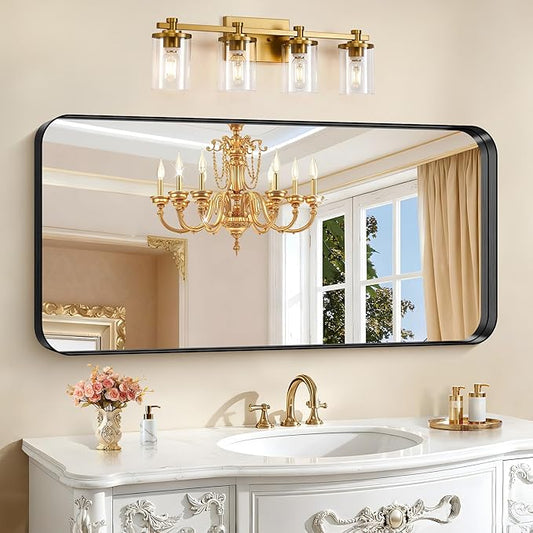 CIRCUMI Black Bathroom Mirror, 24"x48" Rectangular Mirror with Deep Metal Frame, Rounded Corner, Tempered Glass, Large Mirror for Wall, Over 2 Sinks, Installed Vertically/Horizontally, Crystal-Clear