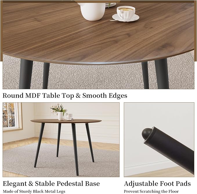 43.3 Inch Walnut Round Dining Table for 4, Space-Saving Dinette Perfect for Kitchen Dining Living Room(Walnut Table)