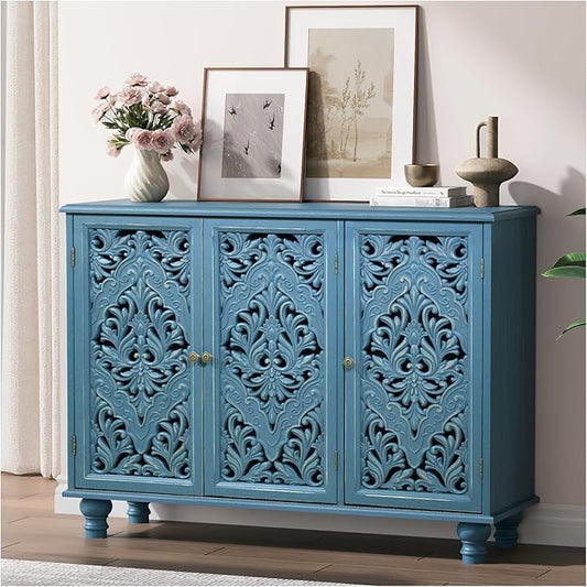 Accent Cabinet with 3 Carved Doors, Distressed Blue Sideboard Buffet with Storage & Solid Wood Legs, 43" Vintage Console Table for Living Room, Entryway, Coffee Bar, Hallway