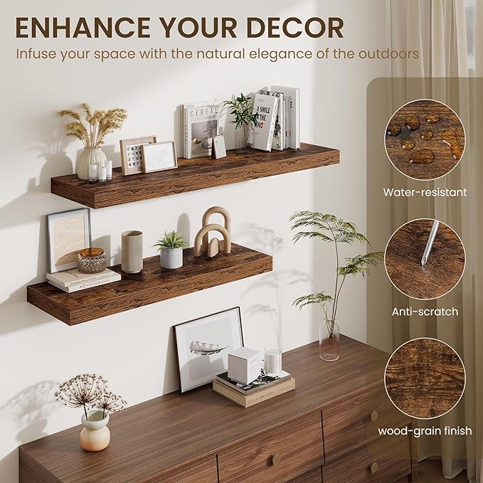 Fun Memories 24 Inch Floating Shelves Wall-Mounted, 12 Inch Deep Wall Shelves, 24 x 12 Floating Shelf, Deep Storage Shelf for Living Room Bathroom Bedroom, Rustic Brown, Set of 2