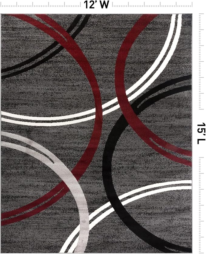 Rugshop Modern Wavy Circles Design Non-Shedding Area Rug, Carpet for Living Room, Dining Room, or Office,Grand Room,Open Spaces Red, 12' x 15'