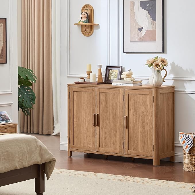 Joaxswe Sideboard Buffet Cabinet with Storage Set of 2, 46" Arc-Shaped Credenza with 3 Doors & Adjustable Shelves, Mid Century Coffee Bar Cabinet for Kitchen, Living Room, Darkwood