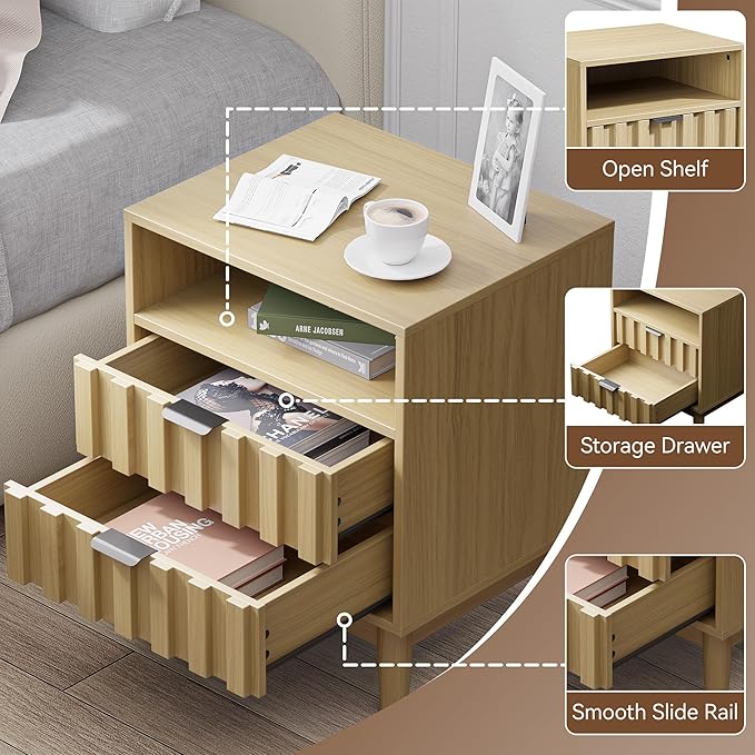 Fluted Nightstand with 2 Drawers, 19" Wide Night Stand with Solid Wood Legs, Open Storage Shelf, Mid Century Modern Wooden Bedside Table for Bedroom, Bed End Side Table, Oak