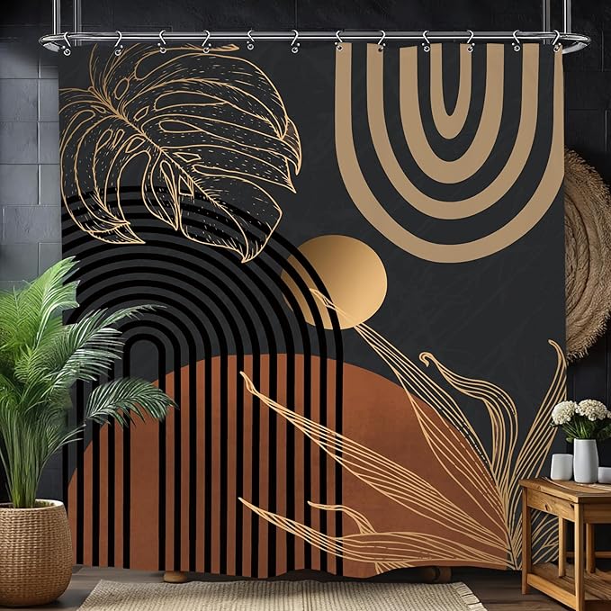 Yookeb Abstract Black Mid Century Bathroom Shower Curtain 60W by 71H Inch Minimalist Aesthetic Modern Contemporary Polyester Fabric 12 Plastic Hooks Waterproof Decor