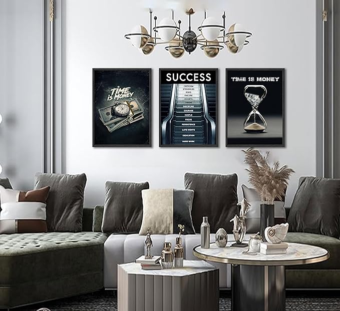 3Pcs Time Is Money Wall Art Paintings Office Wall Decor Pictures Inspirational Quotes Posters Prints Road to Success Canvas Paintings of Man Cave Living Room Bedroom Office Decor unframed