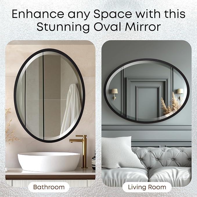 OVALCREST - Oval Wooden Beveled Wall Mirror for Home Decor, Bathroom, Vanity, Bedroom, Living Room, Hallway - London Style (Matte Black) 29.1 x 23.1