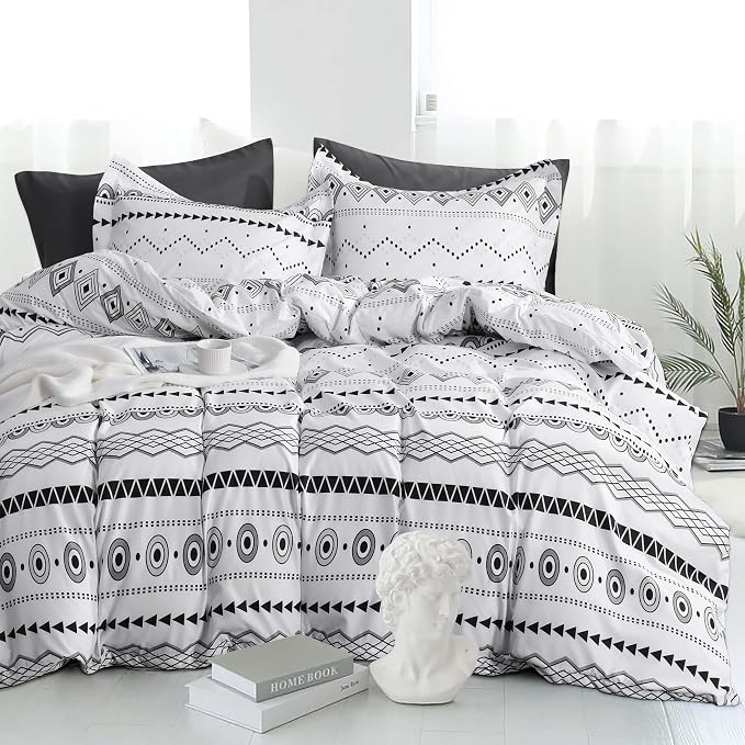 NTBAY 2 Pieces 100% Brushed Microfiber Striped Duvet Cover Set for Kids, Super Soft Black and White Printed Reversible Design Zipper Comforter Cover with Ties and Pillow Sham (Twin/Twin XL, Bohemia)