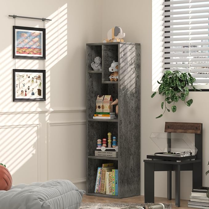 VECELO 4-Tier Bookcase, Modern Storage Cabinet with Height Difference Shelves for Standard Textbooks, 5 Cubes, Vertical or Horizontal, Easy Assembly, Grey