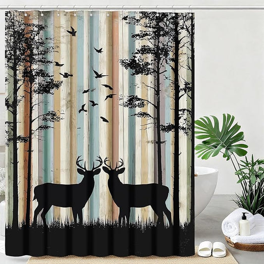 Rustic Deer Shower Curtain Farmhouse Tree Country Shower Curtains for Bathroom Waterproof Fabric Bath Curtain Decor with Hooks