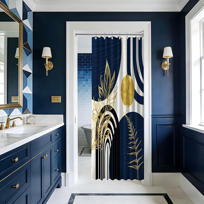 Mid Century Modern Navy Blue Shower Curtain Boho Dark Blue and Gold Leaves Shower Curtains for Mens Bathroom Decor Sets, Waterproof Cloth Fabric with Hooks, 36x72in