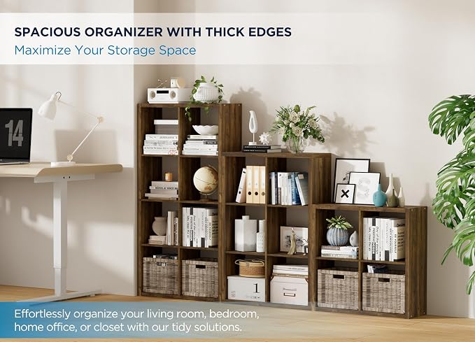 6 Cube Storage Organizer Single Row, Cube Shelf with Heavy-Duty Thick Boards, 13.31" L x 9.37" W x 72.36" H, Smooth Easy-Clean Panels, Simple Assembly, for Living Room Bedroom Office, Brown