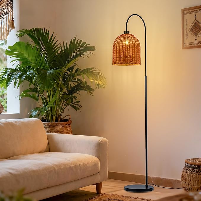MAYNA 66" Arc Rattan Floor Lamp, Black Boho Standing Lamp with Hand-Woven Wicker Shade, Tall Curved Overarching Reading Light with Foot Switch for Living Room, Bedroom, Coastal Rustic Decor