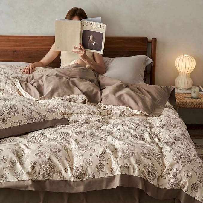 Brown Floral 100% Cotton Duvet Cover King Size, 3 Pieces Reversible Vintage Duvet Cover Set - 1 Botanical Patterned Duvet Cover 104x90 Inches with Zipper Closure, 2 Pillowcases
