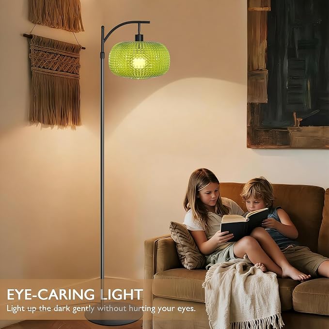 Floor Lamp for Living Room with Green Glass Shade, Modern Standing Lamp with Remote Control, Black Dimmable Tall Lamp for Bedroom Office with 12W LED Bulb
