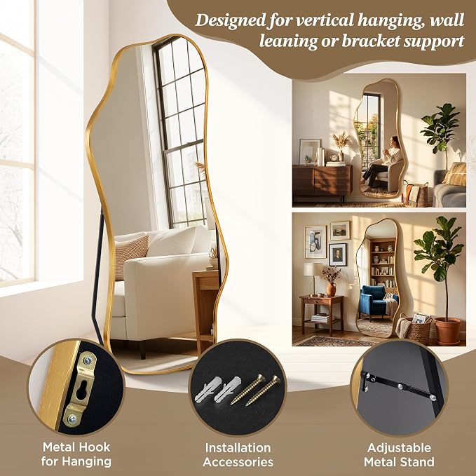 Mirror Full Length - Irregular Full Body Mirror Standing or Leaning or Wall Hanging 62.2"x 22.8" Asymmetrical Aviation Aluminum Alloy Frame Unique for Bedroom, Living Room, Cloakroom, Entryway
