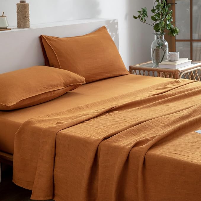 EVERLY Linen Sheets Set King Size,100% French Stonewash Pure Linen Sheets Set,4Pieces (1Flat Sheet,1Fitted Sheet,2Pillowcase) Suitable for Hot Sleepers,Deep Pocket Natural Bedding Set-Caramel