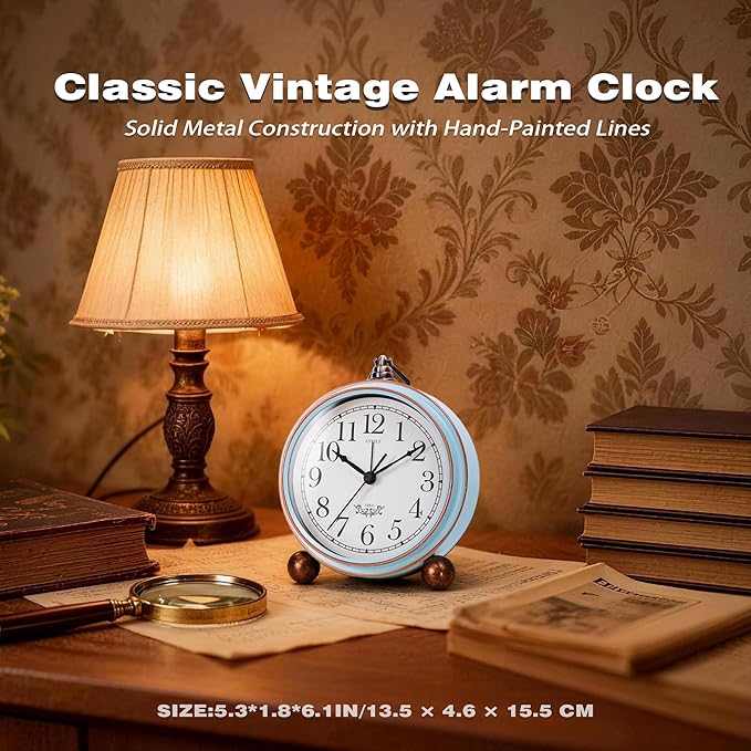AYRELY® 5.3" Vintage Analog Alarm Clock, Battery Operated Metal Desk Clock, Retro Table Clock with Light for Living Rooms, Bedrooms, Shelf, Home Decor(Light Blue)