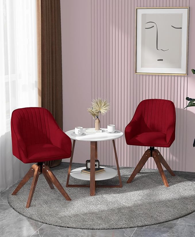 OS MOTOR Modern Swivel Accent Chair with Arms, Upholstered Desk Chair No Wheels, Mid-Century Fabric Armchair with Oak Wood Legs for Home Office, Bedroom, Vanity, Red