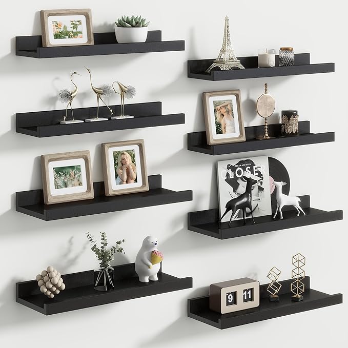 Floating Picture Ledge Shelves Set of 8, 16 Inch Solid Wood Wall Shelves with Lip, Large Nursery Book Shelf for Toys Storage, Kids Bookshelf, Living Room, Bedroom Decor Frames