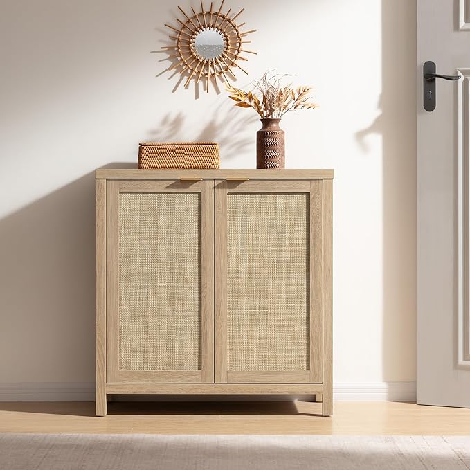 SICOTAS Rattan Sideboard Buffet Cabinet with Large Storage - Boho Credenza Coffee Bar Cabinet with Adjustable Shelves, Buffet Console Table for Kitchen Living Room Hallway - Natural