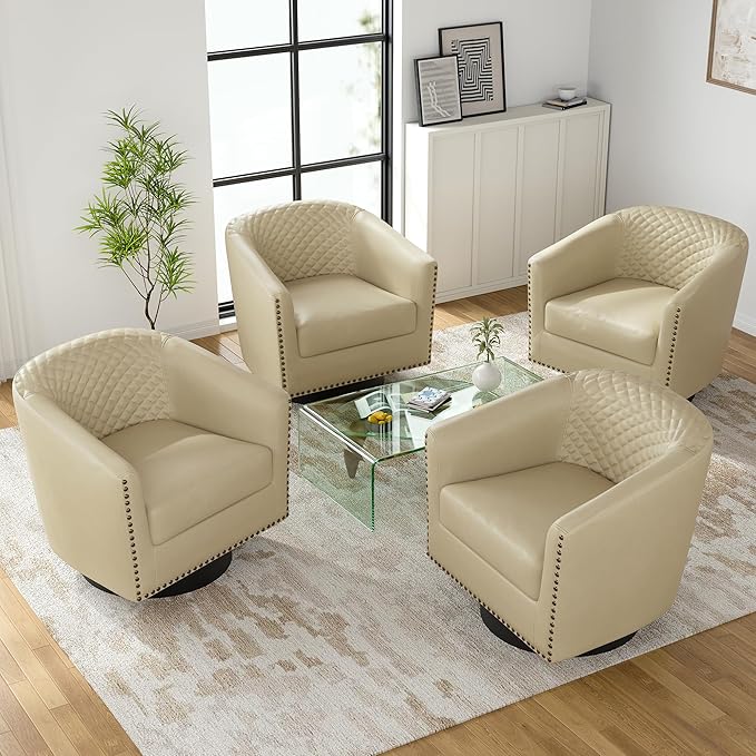 UIXE Swivel Accent Chairs Set of 4, PU Leather Barrel Club Chair for Living Room, Upholstered Round Armchair Comfy Single Sofa Bedroom Reading Seat - Beige Cream