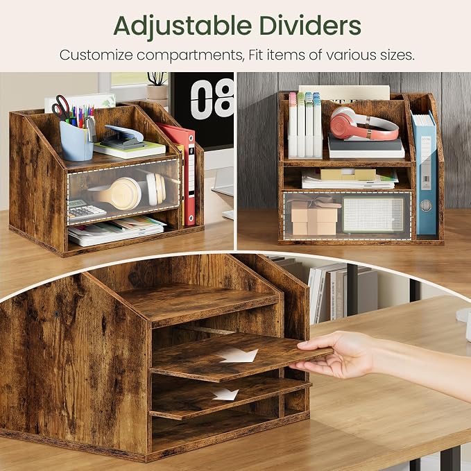 CHOEZON Wooden Desk Organizer with Adjustable Partitions, Multi-Layer Desktop File Holder for Home Office, Paper & Stationery Storage Organizer, Rustic Brown MWJ04FG