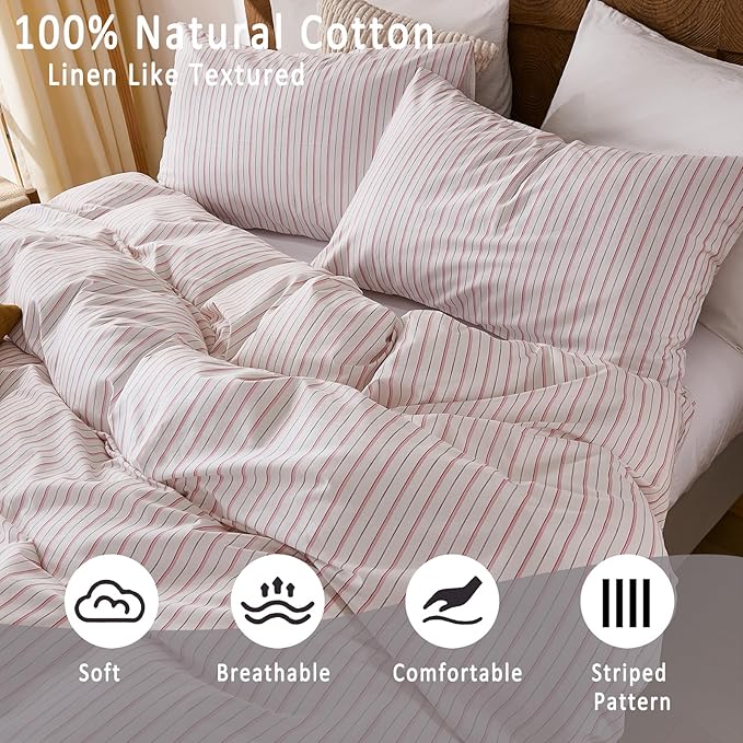 Merryword 100% Cotton Duvet Cover Set Queen Size - White & Pink Stripes Duvet Cover with Pillowcases, Soft Breathable Bedding Set Modern Minimalist Pinstripe Comforter Cover for All Seasons