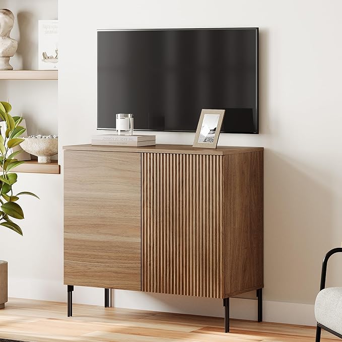 WAMPAT 31.5" Sideboard Buffet Cabinet with 2 Doors and Adjustable Shelves, Fluted Storage Cabinet, Modern Credenza Coffee Bar Wine Bar Table for Kitchen, Dining Room, Living Room, Light Walnut