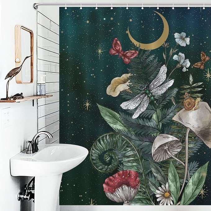 Mushroom Shower Curtain for Bathroom, Fairy Botanical Mushroom Cottagecore Gothic Moth Moon Star Nature Plants Herbs Retro Vintage VWaterproof Fabric Shower Curtain Set with Hooks, 72"x84" Inch