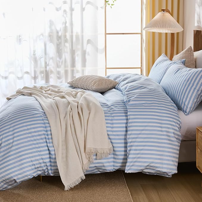 Merryword Blue and White Striped Duvet Cover Set Queen Size, 100% Cotton Linen Like Textured Bedding with Classic Vertical Stripes, Soft Lightweight Reversible Comforter Cover for All Seasons