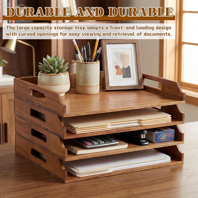AceOrbit 4 Pcs Stackable Paper Tray Acacia Wood Desk Organizer Letter Tray 4 Tier Wooden File Organizer Desk Shelf for Documents, Letter Sorter, Envelopes and Magazine Holder